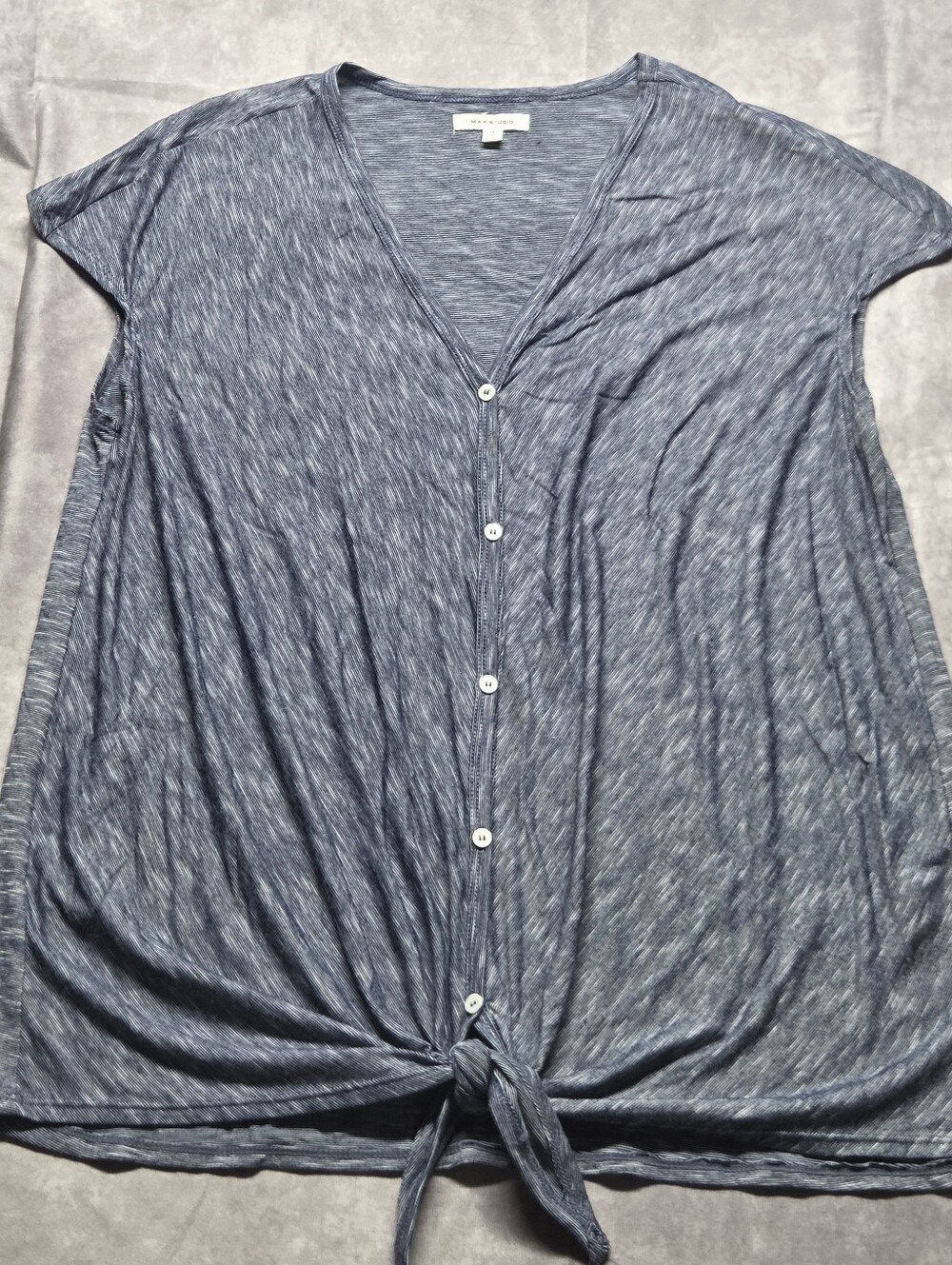 Max Studio Blue V-Neck Boho Short Sleeve Top 1X Front Tie Blouse